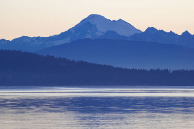 Scenic view of sea and mountains against clear sky