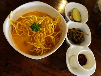 High angle view of soup served on table