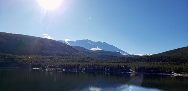 Scenic view of lake and mountains against sky