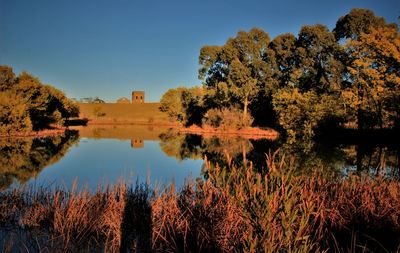 Scenic view of lake by trees against clear sky