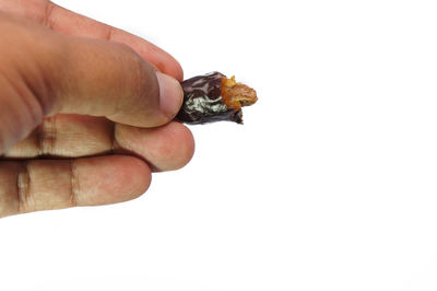 Close-up of hand holding bread against white background