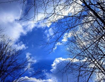 Low angle view of bare tree against cloudy sky