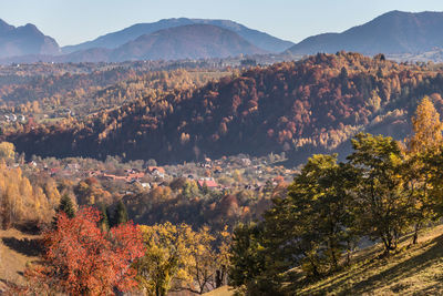 Scenic view of trees and mountains against sky