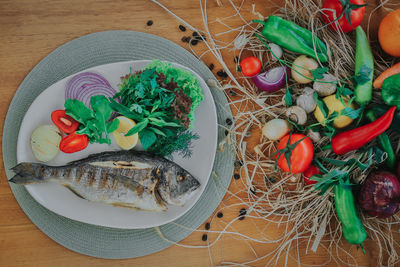 High angle view of fruits in plate on table