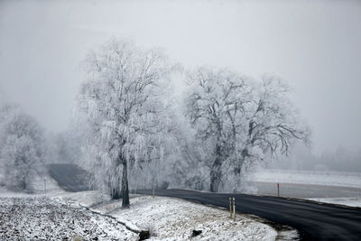 Scenic view of snow covered land against sky