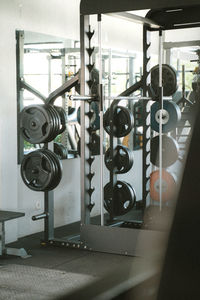 Close-up of dumbbells in gym