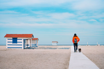 Pet owner and french bulldog dog walking on the beach by blue hut