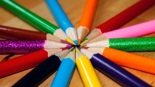Directly above shot of multi colored pencils on table