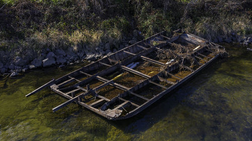 High angle view of abandoned ship in river