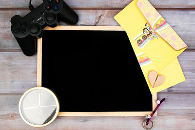 High angle view of camera on table