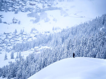 Aerial view of man on ski slope forest