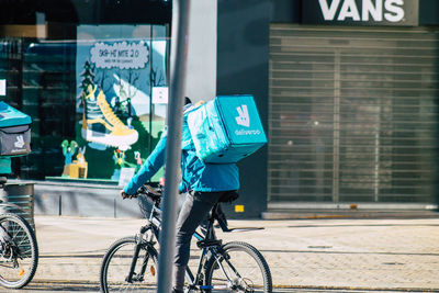 Bicycle parked on street in city