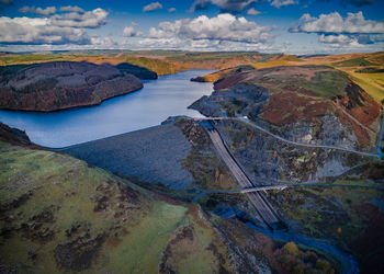 High angle view of land against sky