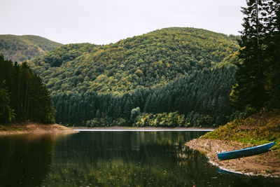 Scenic view of lake by trees against sky