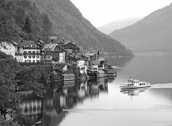 Monochrome image of fantastic lake village of hallstatt, salzkammergut region, austria