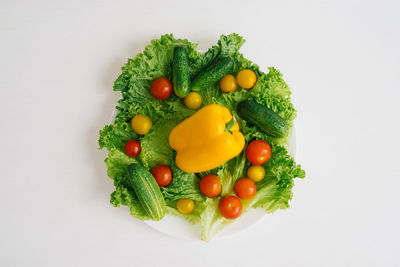 Fresh organic vegetables on a plate on a white table or background