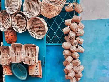 High angle view of wicker baskets