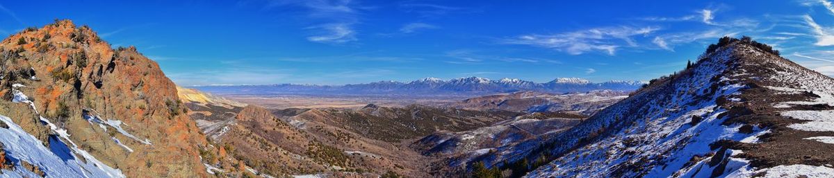 Panoramic view of snowcapped mountains against blue sky