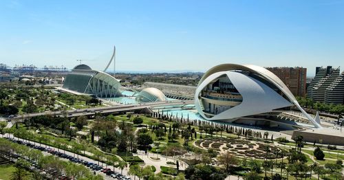 Panoramic view of buildings against clear sky