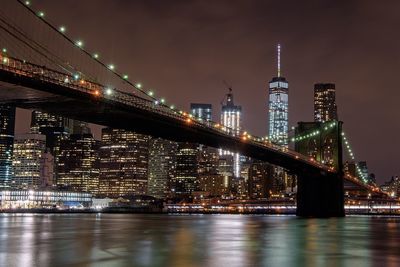 Illuminated bridge over river in city at night
