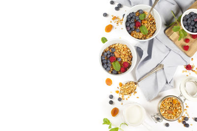 High angle view of breakfast served on table