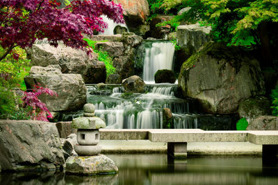 Fountain by lake in garden