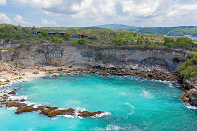 Scenic view of sea and rocks against sky