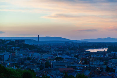 High angle view of townscape against sky during sunset