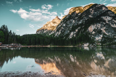 Braies lake , the largest natural dolomite lake, italy.