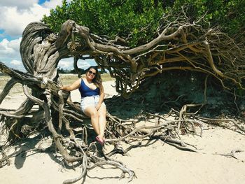 Full length of smiling young woman sitting on branch of tree