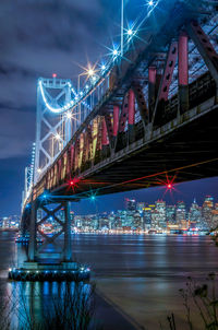 Suspension bridge over river at night