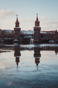 Reflection of oberbaum bridge in river against sky