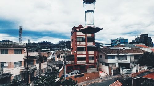 High angle view of buildings against sky