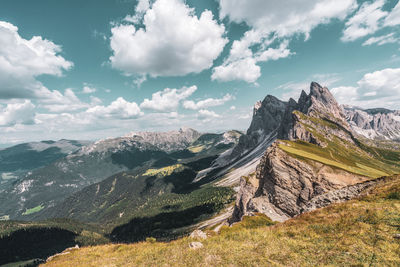 Panoramic view of the seceda, high mountain in the dolomites in south tyrol, italy.