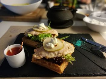 Close-up of breakfast on table