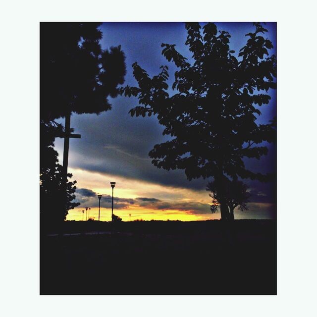 silhouette, sky, tree, sunset, low angle view, cloud - sky, built structure, cloudy, dusk, transfer print, auto post production filter, overcast, nature, scenics, beauty in nature, architecture, tranquility, dark, building exterior, weather