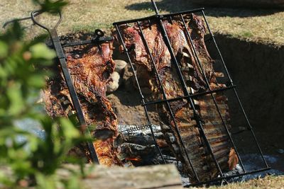 High angle view of leaf on barbecue