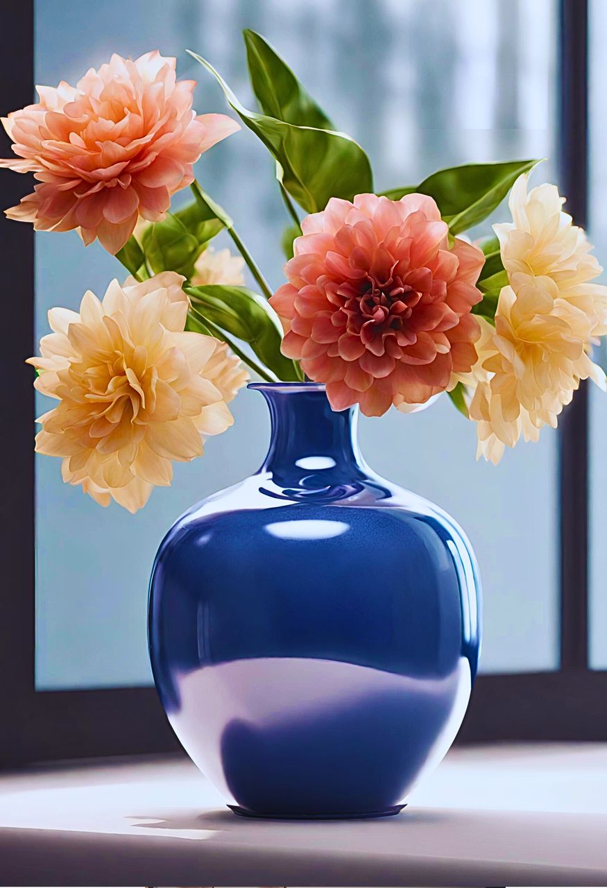 flower, flowering plant, plant, vase, nature, beauty in nature, freshness, flower arrangement, indoors, arrangement, flower head, bunch of flowers, bouquet, no people, fragility, cut flowers, glass, window, table, close-up, still life, decoration, home interior, inflorescence, centrepiece, pink, yellow, blue
