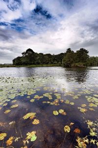 Scenic view of lake against cloudy sky