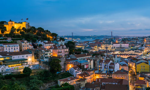 High angle view of illuminated buildings in city against sky