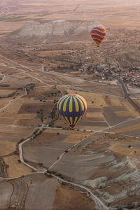 Aerial view of hot air balloon over city