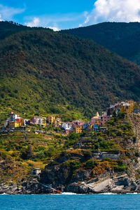 Scenic view of river with mountain in background