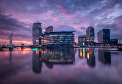 Reflection of buildings in calm water at sunset