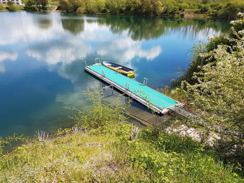 High angle view of boat moored on lake