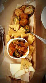 High angle view of food served on table