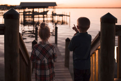 Rear view of brother pointing towards lake while standing by sister during sunset