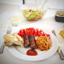 High angle view of food in plate on table