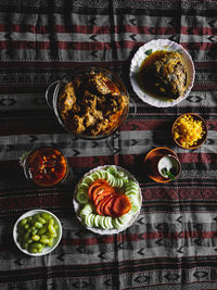 High angle view of food served on table