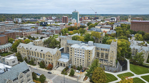 High angle view of buildings in city