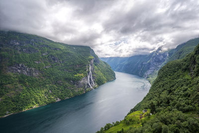 Scenic view of river amidst mountains against sky